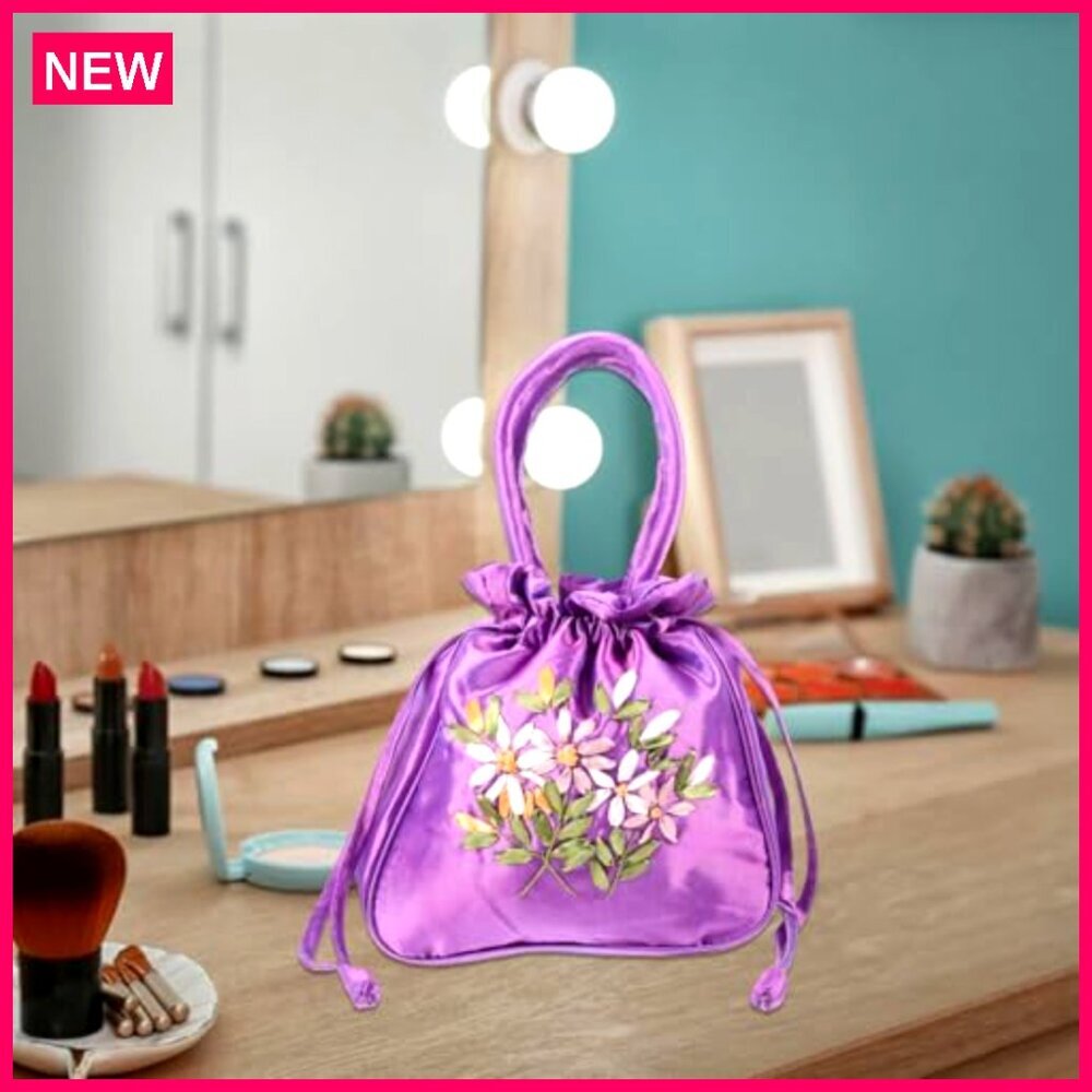 Silk Drawstring Tote Bag with Embroidery, 8.66x8.66 Inches - Picture 7 of 8
